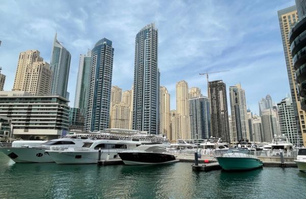Boats moored in Dubai Marina